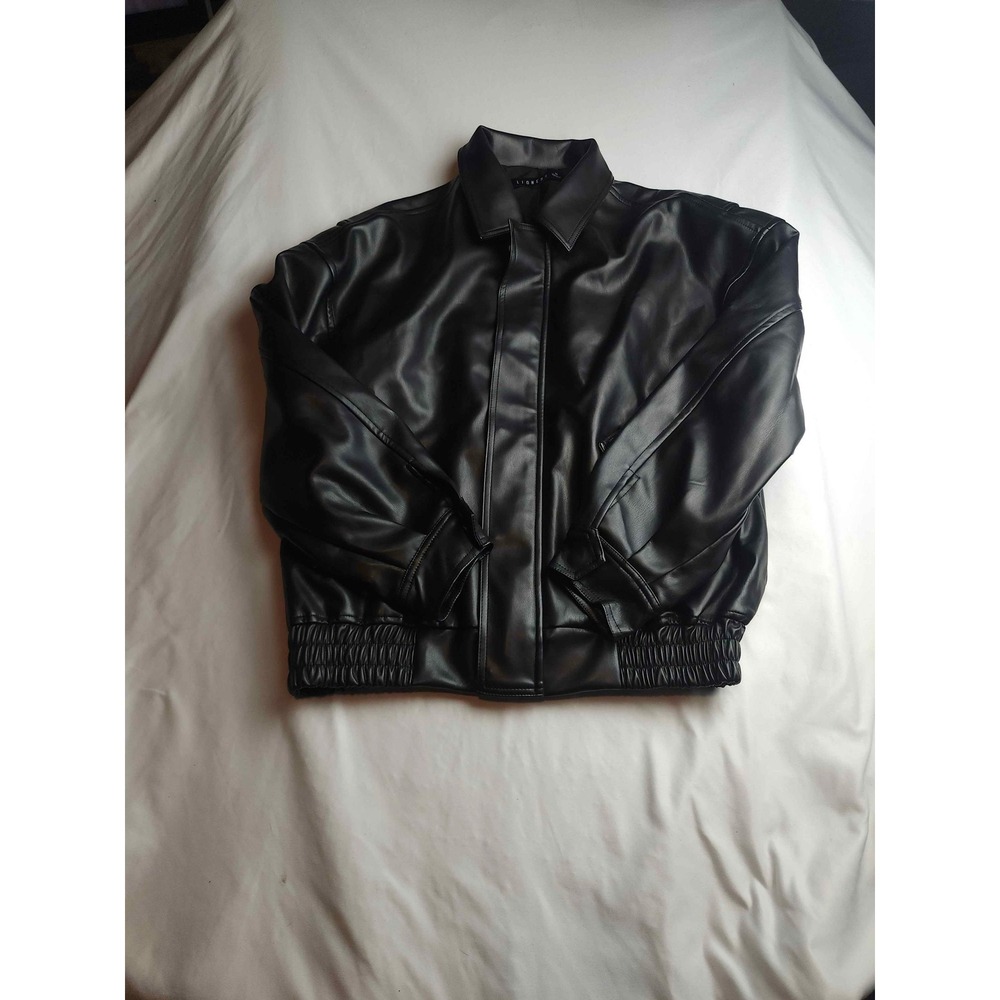 Lioness Black Faux Leather Bomber Jacket Oversized Smocked Hem Womens Size M